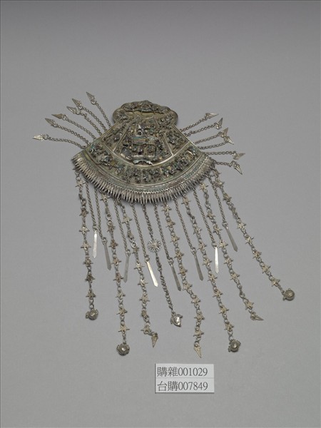 銀銅合金人物樓閣扇形髮飾