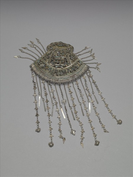 銀銅合金人物樓閣扇形髮飾