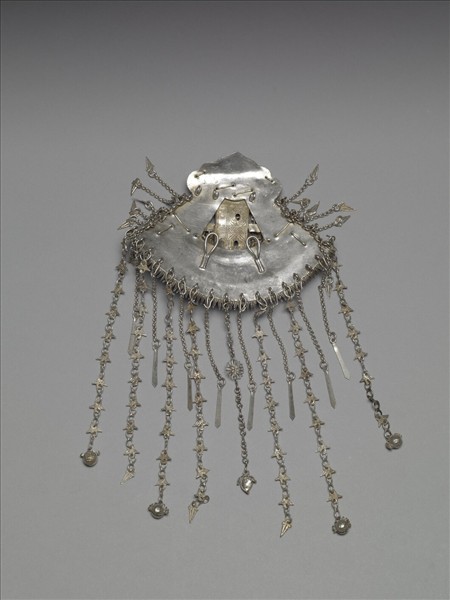 銀銅合金人物樓閣扇形髮飾