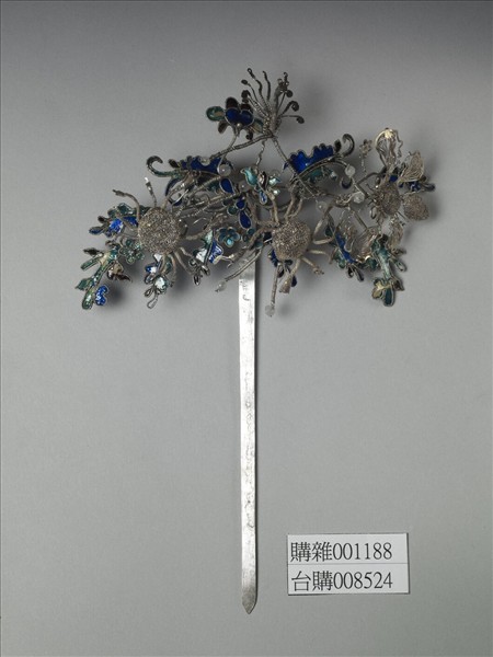銀銅合金內填琺瑯花蝶簪