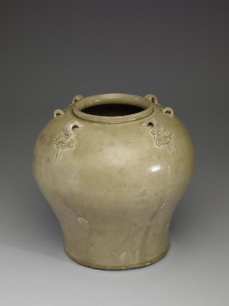 6~7世紀 越南青瓷六耳罐Greenish Yue-tipe Glazed Jar with Six Strap Handle