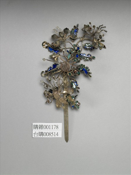 銀銅合金內填琺瑯花蝶簪