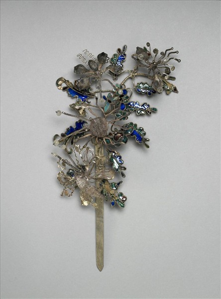 銀銅合金內填琺瑯花蝶簪