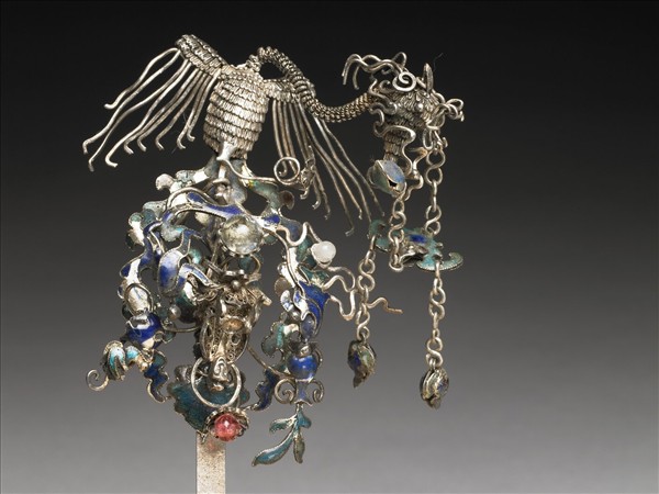 銀銅合金內填琺瑯鳳簪