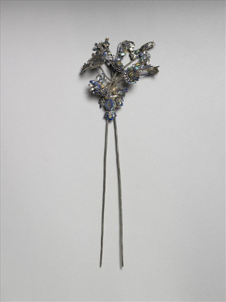 銀銅合金內填琺瑯花蝶釵