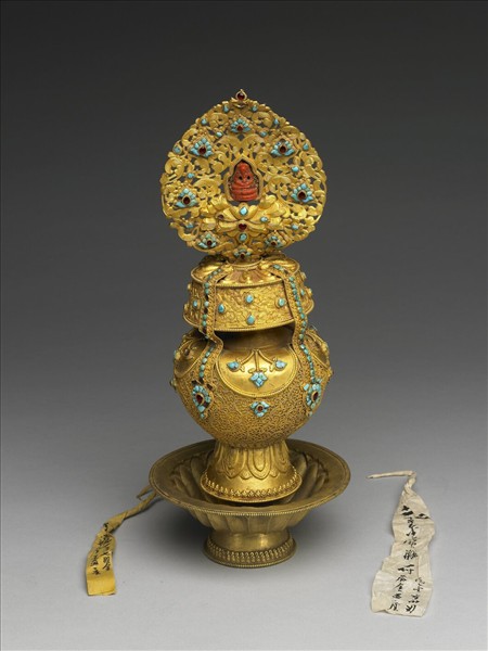 鍍金嵌珊瑚松石長壽寶瓶