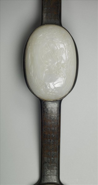 紫檀鑲玉錯銀百壽如意