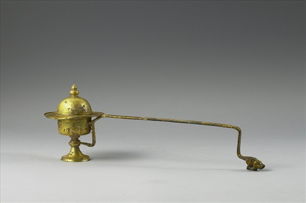 銅鎏金獸首長柄香爐