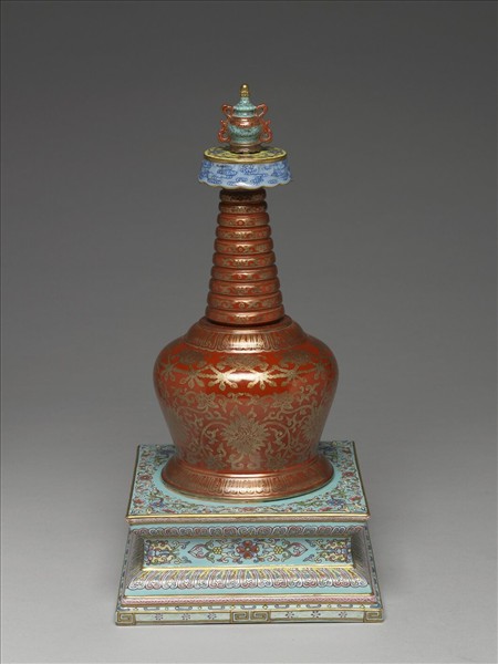 粉彩紅地描金花卉紋塔型龕