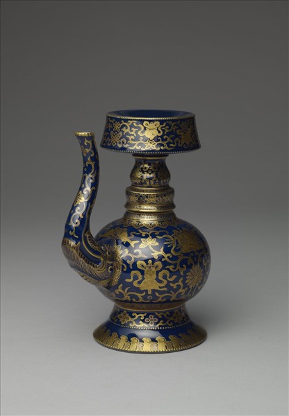 霽青釉描金八吉祥奔巴壺