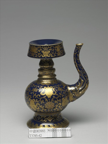 霽青釉描金八吉祥紋奔巴壺