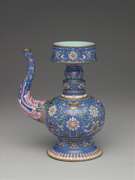 洋彩藍地番蓮紋奔巴壺