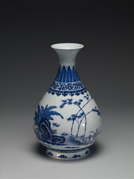 青花庭園小景圖瓶