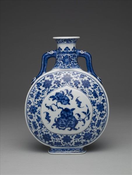 青花福壽紋雙耳扁壺