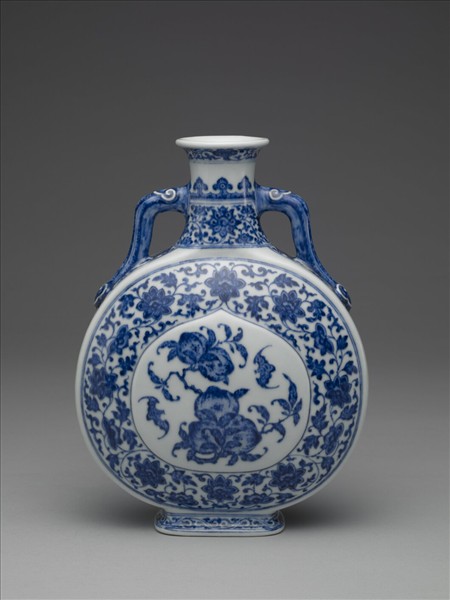 青花福壽紋雙耳扁壺