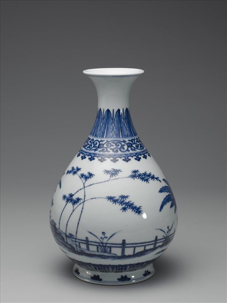 青花庭園小景圖瓶
