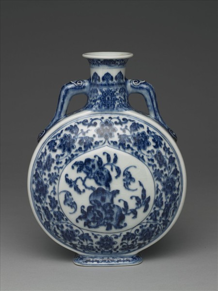 青花福壽紋雙耳扁壺