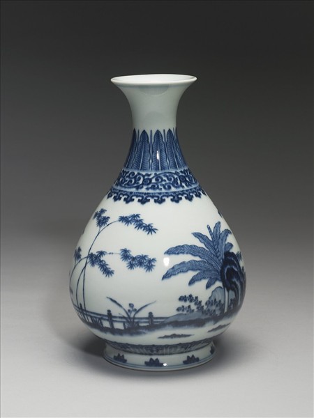 青花庭園小景圖瓶
