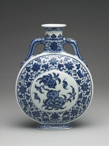 青花福壽紋雙耳扁壺