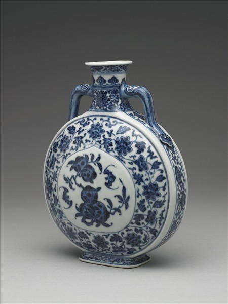 青花福壽紋雙耳扁壺