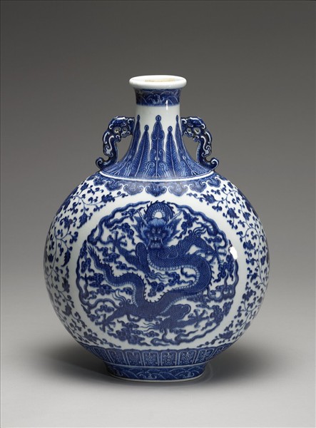 青花雲龍紋雙耳扁壺