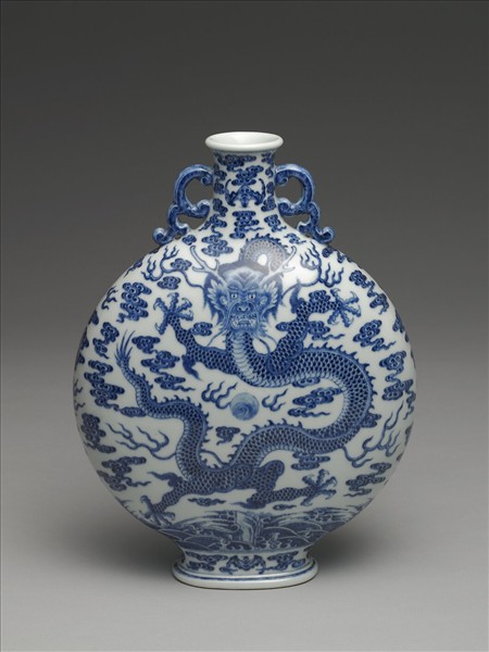 青花雲龍紋雙耳扁壺