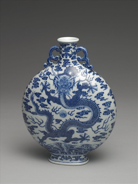 青花雲龍紋雙耳扁壺