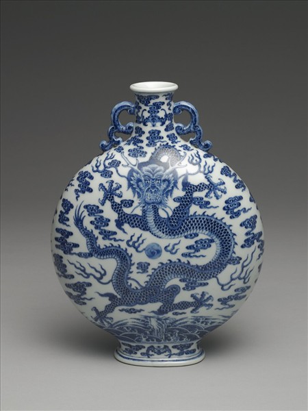 青花雲龍紋雙耳扁壺