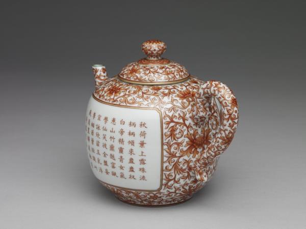 白瓷描紅荷露烹茶詩茶壺