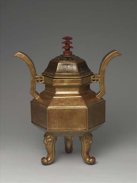 古銅釉鼎式六角爐