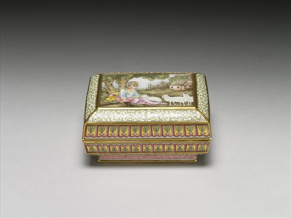 琺瑯彩錦地開光西洋仕女三羊圖長方盒