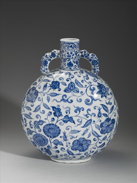 青花花卉紋雙耳扁壺