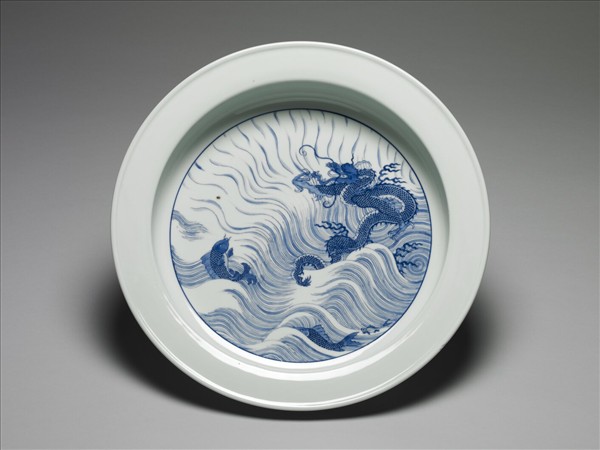 青花鯉躍龍門圖折沿盤