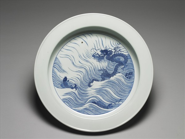 青花鯉躍龍門圖折沿盤