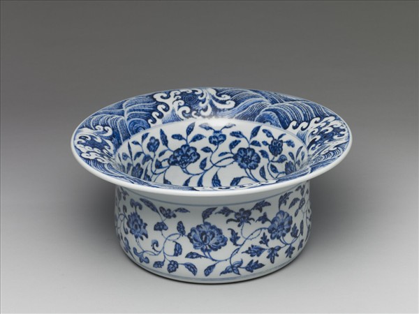 青花水波花卉紋折沿洗