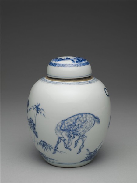 青花松鹿紋蓋罐
