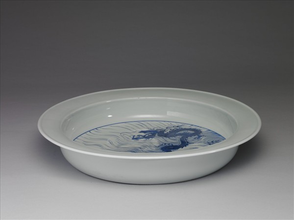 青花魚龍紋折沿洗