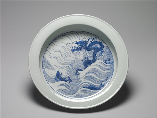 青花魚龍紋折沿洗