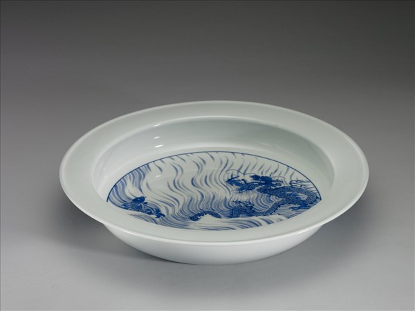 青花魚龍紋折沿洗