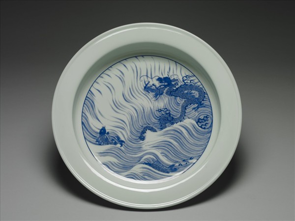 青花魚龍紋折沿洗