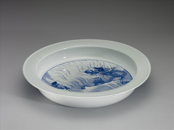 青花魚龍紋折沿洗