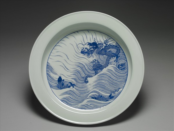 青花魚龍紋折沿洗