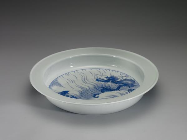青花魚龍紋折沿洗