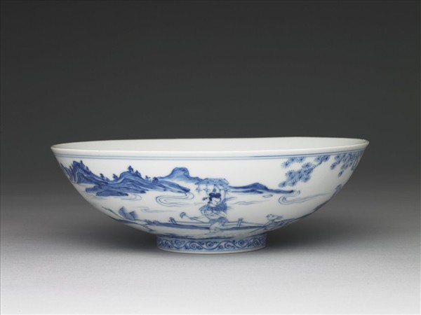 青花山水仕女圖碗