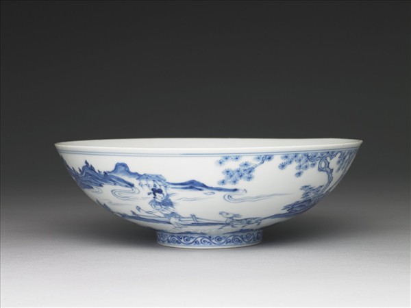 青花山水仕女圖碗