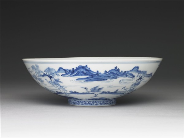 青花山水仕女圖碗