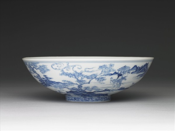青花山水仕女圖碗