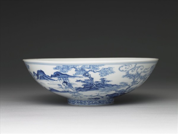 青花山水仕女圖碗