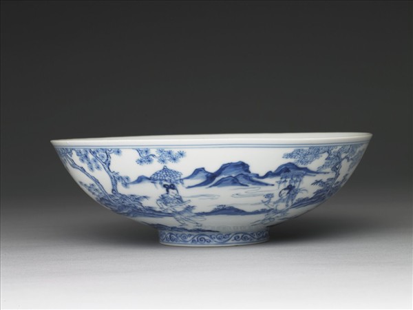 青花山水仕女圖碗