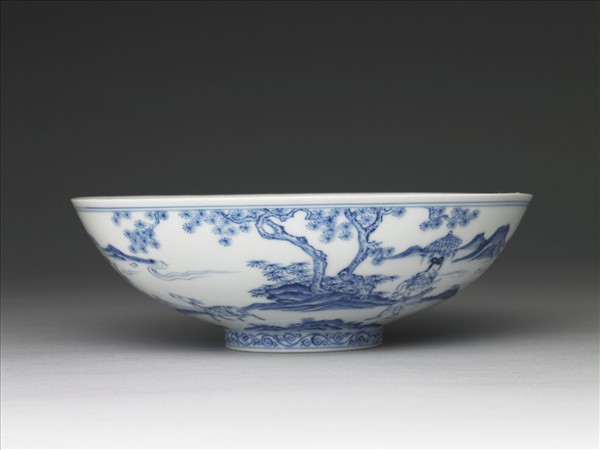 青花山水仕女圖碗